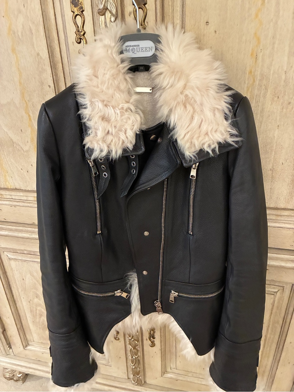 Alexander McQueen Black Leather Biker Jacket with Cream Shearling Trim